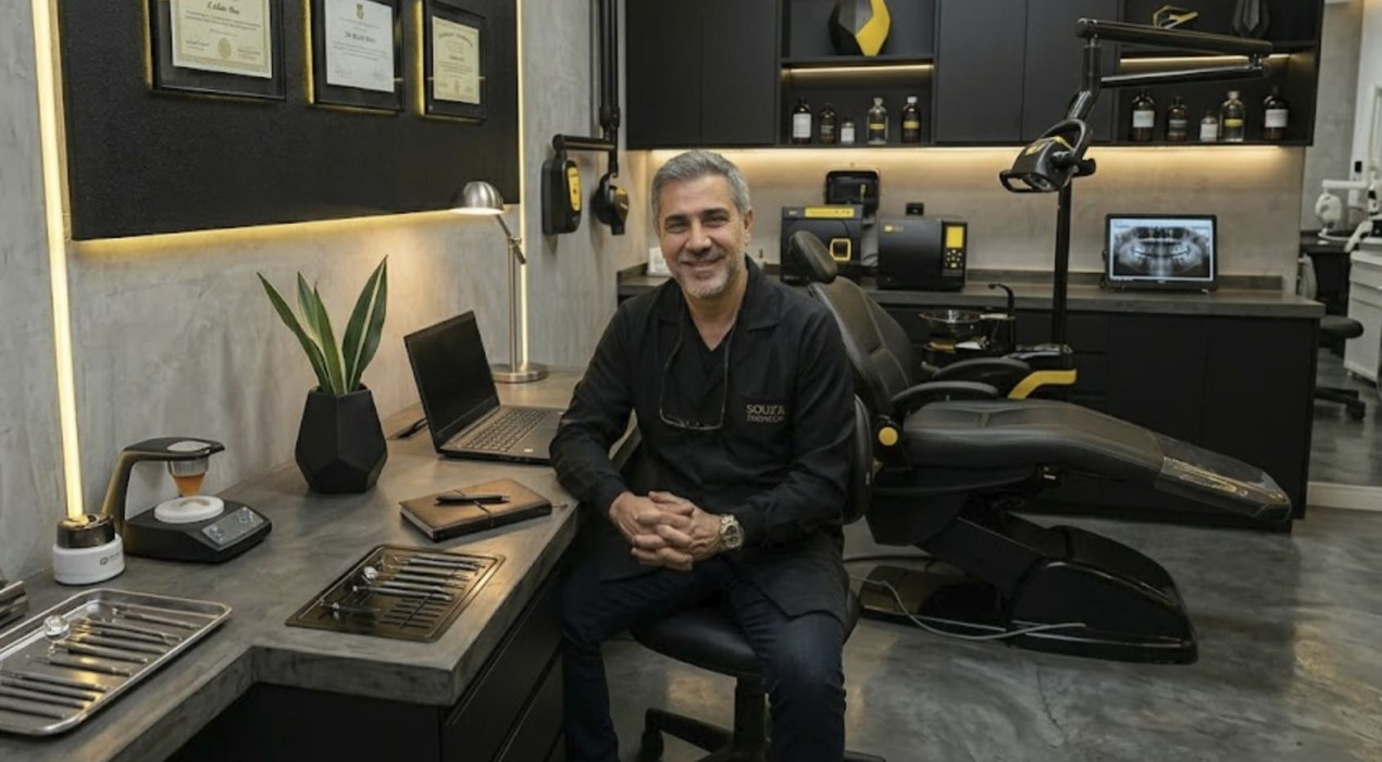 Dentista realizado e tranquilo com a clínica organizada